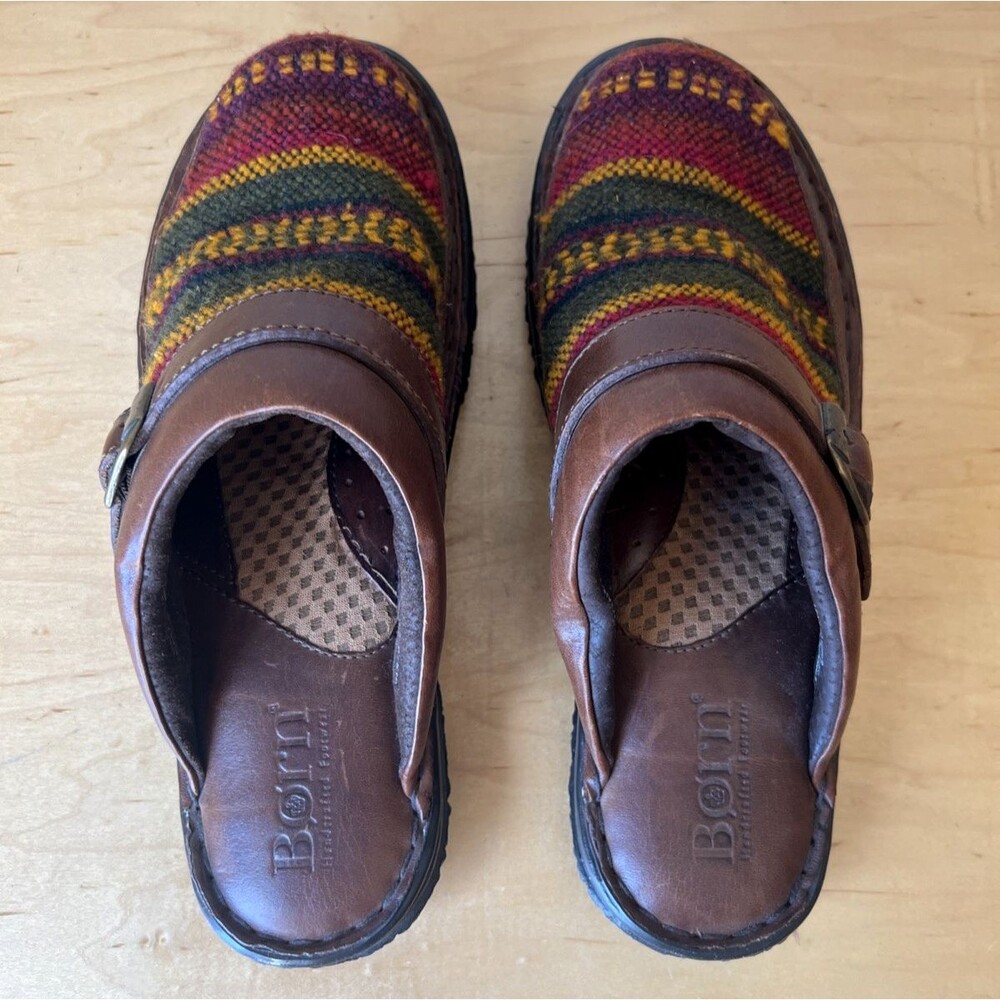 Born Women's Brown Leather Wool Slip-on Mules Clogs Southwestern Y2K Sz: 9M 40.5 - Picture 4 of 7